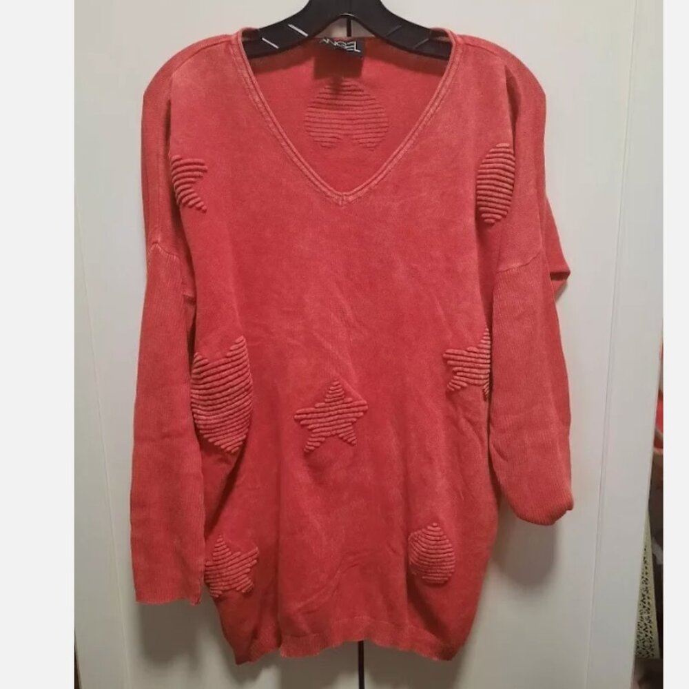 Angel Apparel Puffy Hearts & Stars V Neck Lightweight Cotton Sweater Sz M